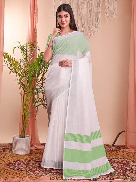 White Linen Cotton Saree With Blouse Piece - EZBER