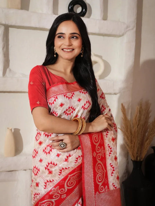 White Linen Cotton Saree With Blouse Piece - EZBER