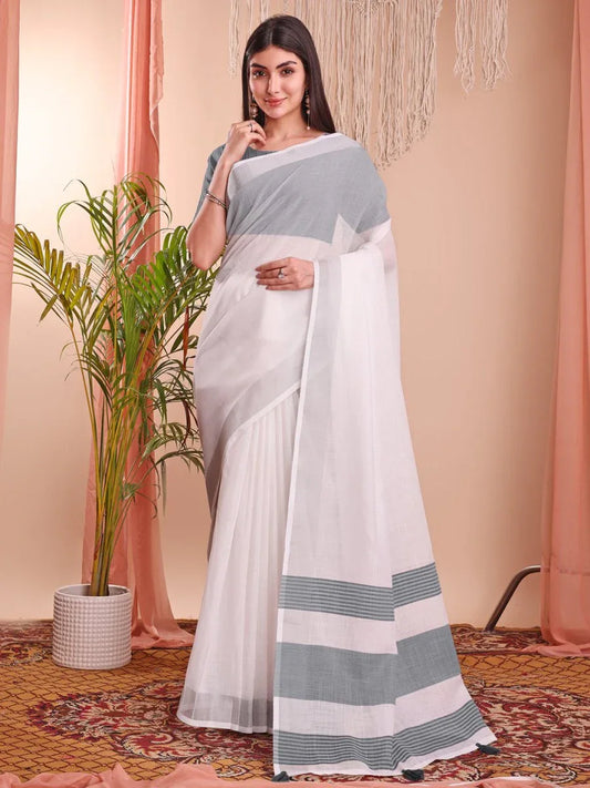 White Linen Cotton Saree With Blouse Piece - EZBER