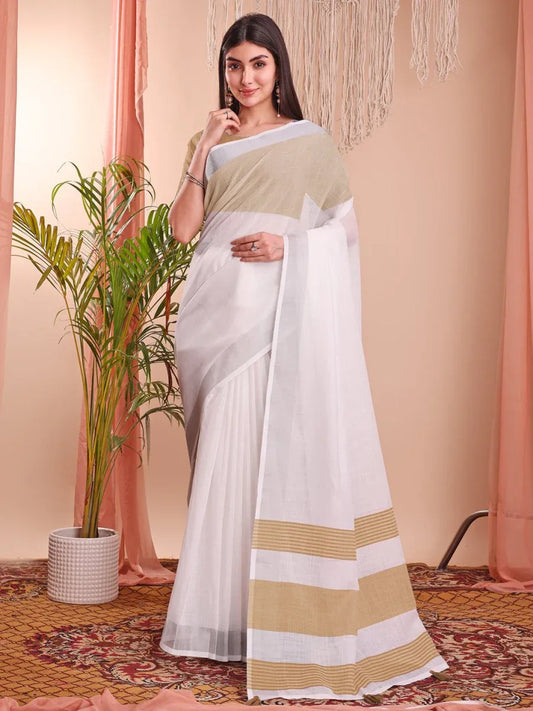 White Linen Cotton Saree With Blouse Piece - EZBER