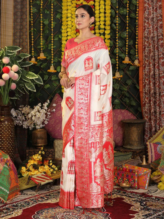 White Silk Saree With Blouse Piece - EZBER