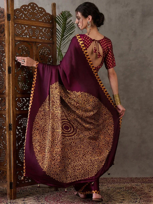 Wine Semi Modal Saree With Blouse Piece - EZBER