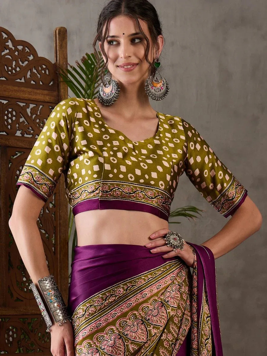 Wine Semi Modal Saree With Blouse Piece - EZBER