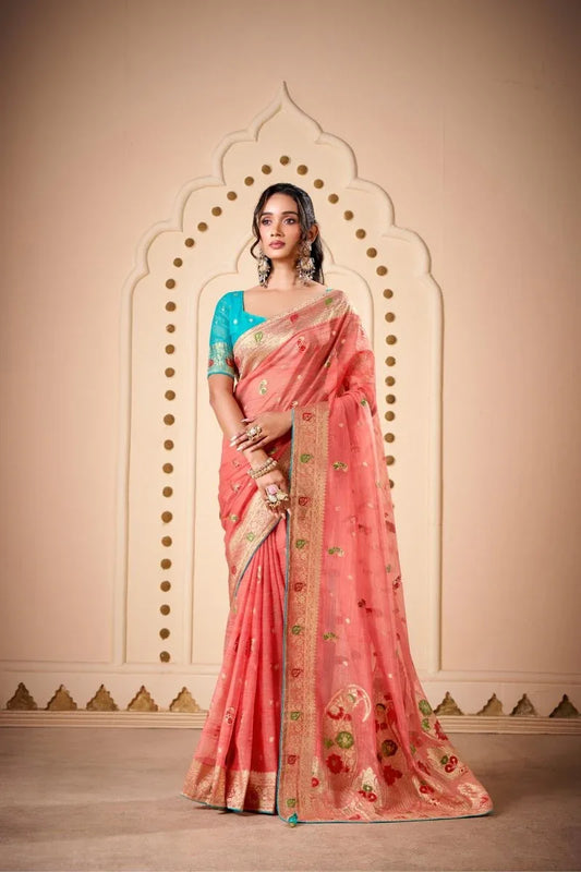 Woven Design Butta Work Weaving Handloom Saree With Blouse Piece - EZBER
