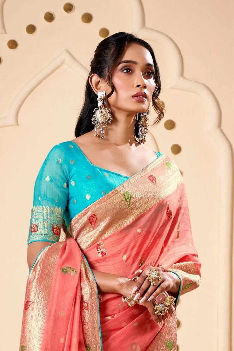 Woven Design Butta Work Weaving Handloom Saree With Blouse Piece - EZBER