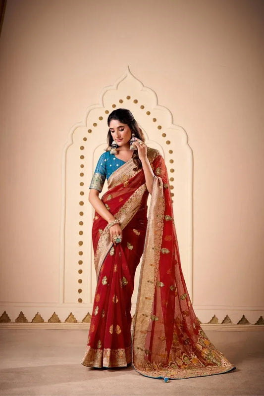 Red Tissue Crepe Saree with Blouse Piece | EZBER