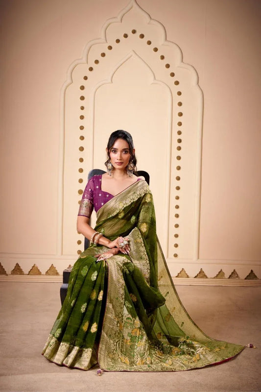 Woven Design Butta Work Weaving Handloom Saree With Blouse Piece - EZBER