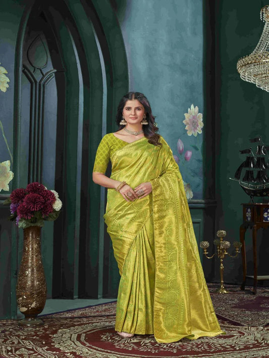 Yellow And Green Kanjivaram Saree - EZBER