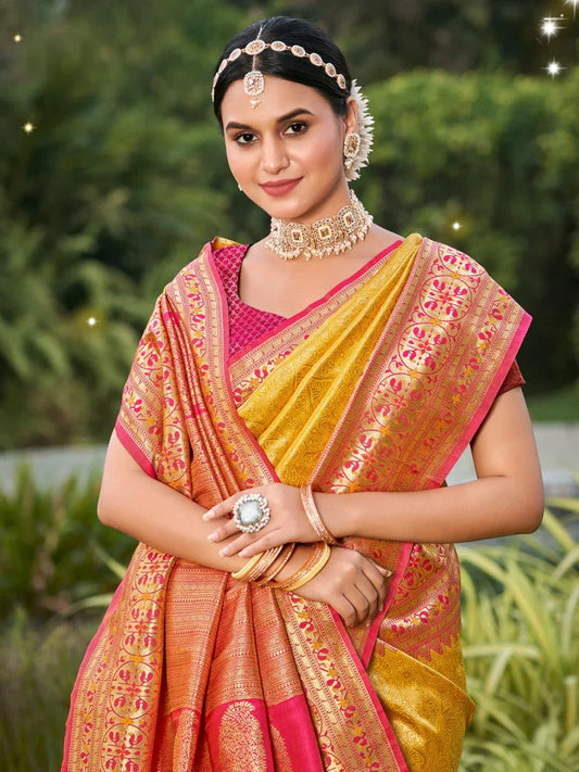 Yellow Banarasi silk Saree With Blouse Piece - EZBER