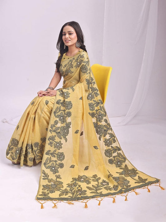 Yellow Linen Cotton Brocade Saree | EZB SI04 ASKSH1004 - EZBER