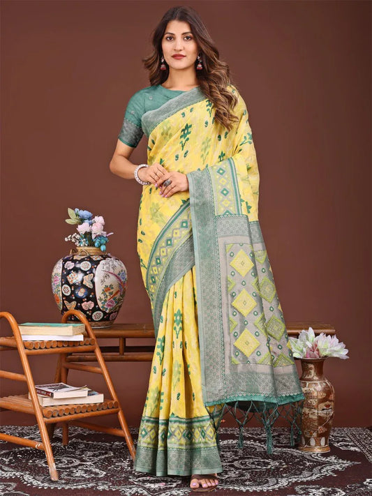 Yellow Linen Cotton Saree With Blouse Piece - EZBER