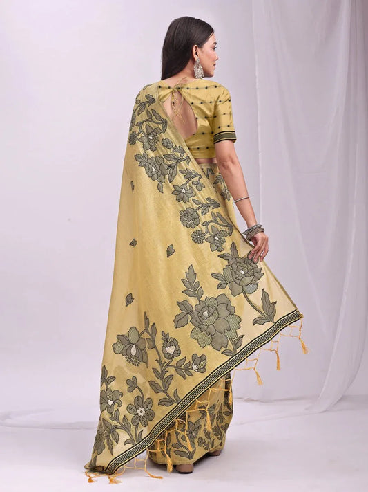 Yellow Linen Cotton Saree With Blouse Piece - EZBER