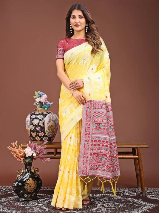 Yellow Linen Cotton Saree With Blouse Piece - EZBER