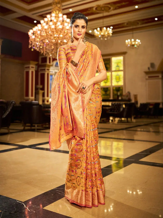 Yellow Organza Festive Wear Saree With Blouse Piece - EZBER