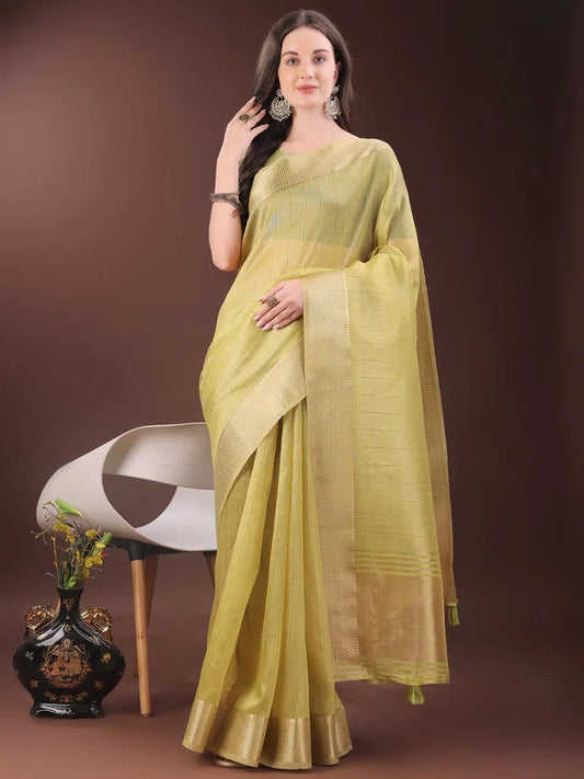 Yellow Organza Saree With Blouse Piece - EZBER