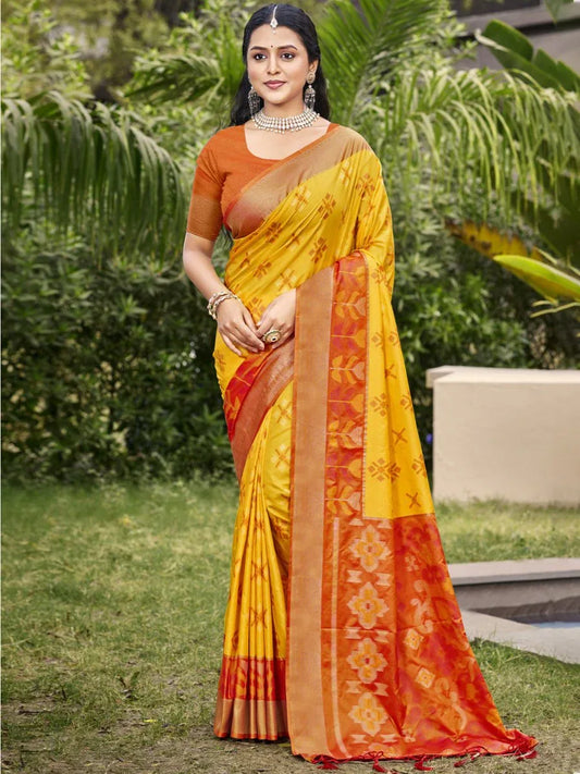 Yellow POORVIKA SILK VOL 2 Pochampalli Silk Saree with Blouse Piece - EZBER