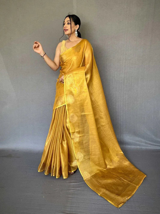 Yellow Silk Festive Wear Saree With Blouse Piece - EZBER