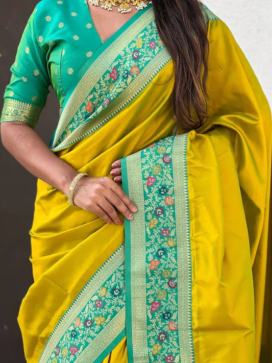 Yellow silk Saree with Blouse Piece | EZBER