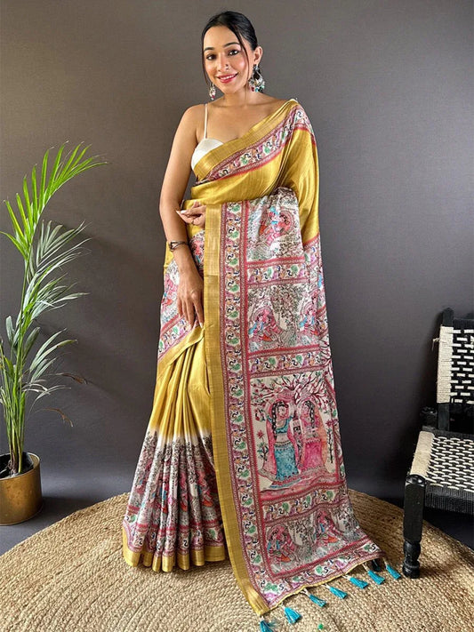 Yellow Tussar Silk Saree With Blouse Piece - EZBER