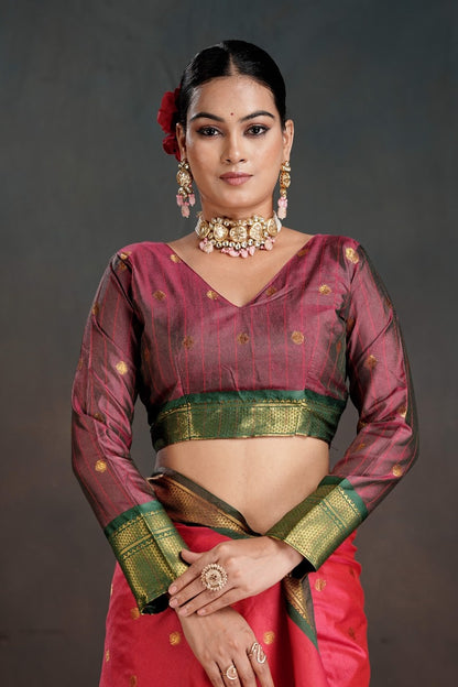 Soft Silk Chitt Pallue With Contrast Blouse Weaving Saree