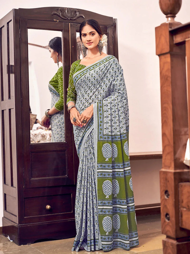 Grey And Green Mulmul Cottons Saree With Blouse Piece - EZBER