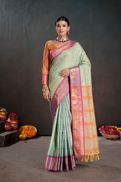 Soft Silk Chitt Pallue With Contrast Blouse Weaving Saree