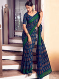 Blue And Green Mulmul Cottons Saree With Blouse Piece - EZBER