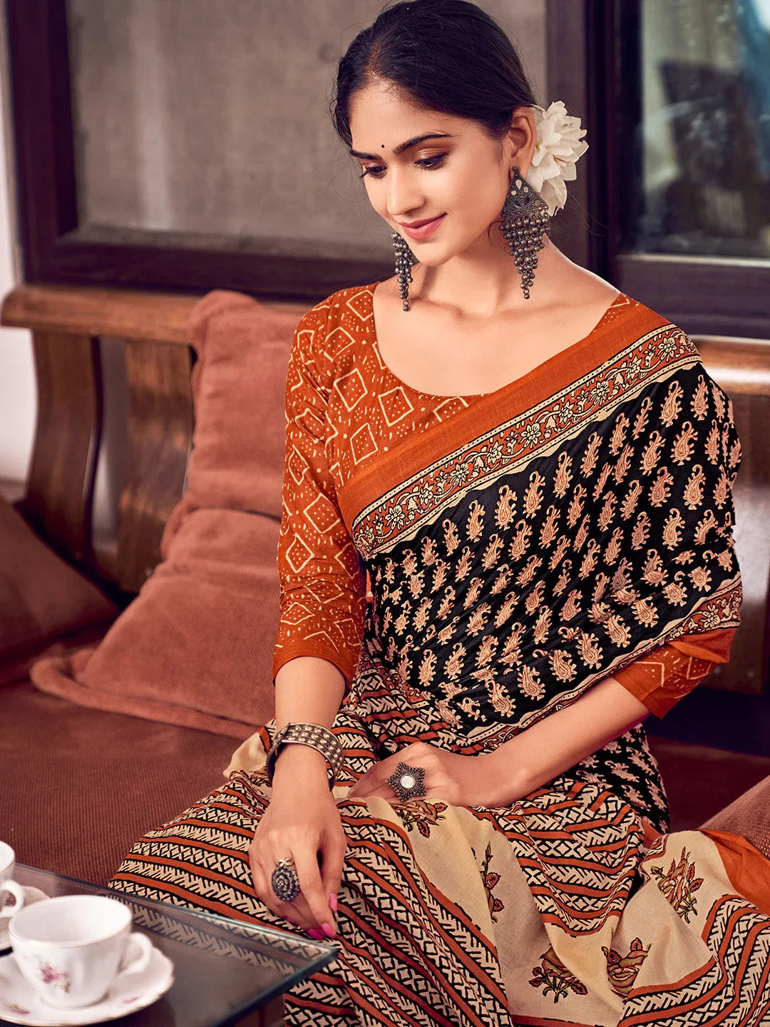 Orange And Blue Mulmul Cottons Saree With Blouse Piece - EZBER