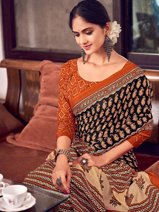 Orange Cotton Saree with Blouse Piece - EZBER