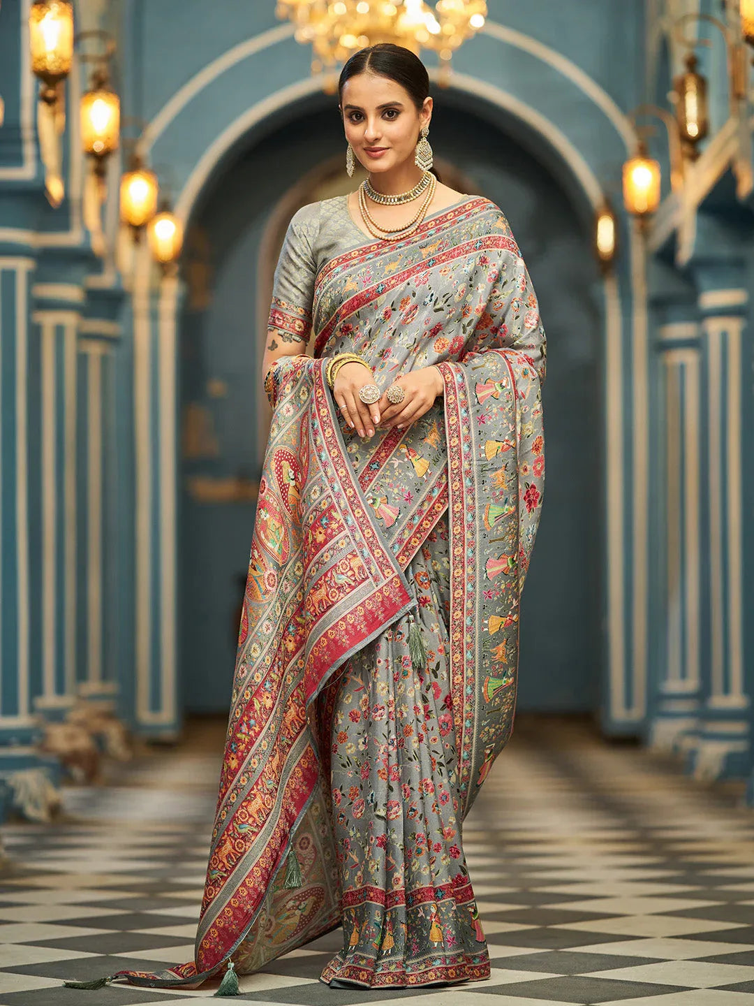 GreyPashmina Soft Silk Festive Wear Saree With Blouse Piece - EZBER