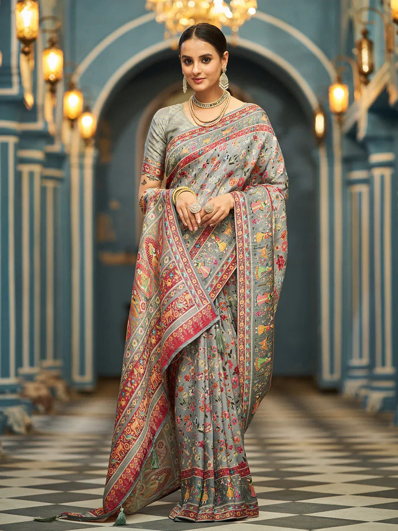 GreyPashmina Soft Silk Festive Wear Saree With Blouse Piece - EZBER
