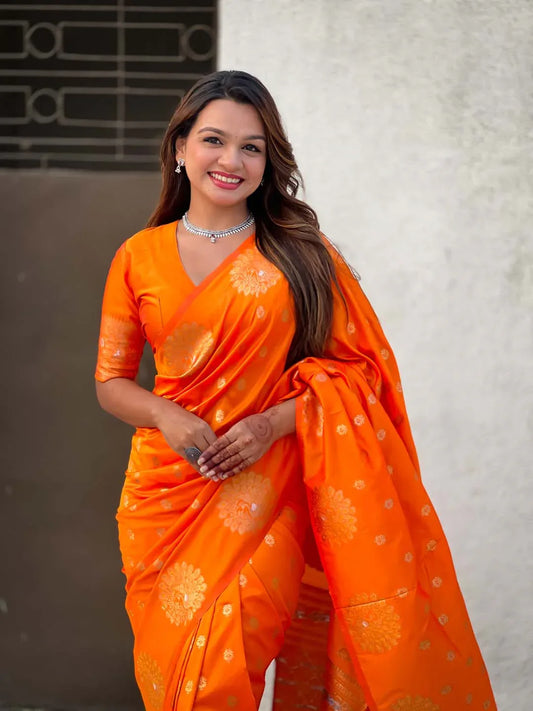 Orange Soft silk Saree With Blouse Piece - EZBER