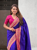 Blue Soft Silk Saree With Blouse Piece - EZBER