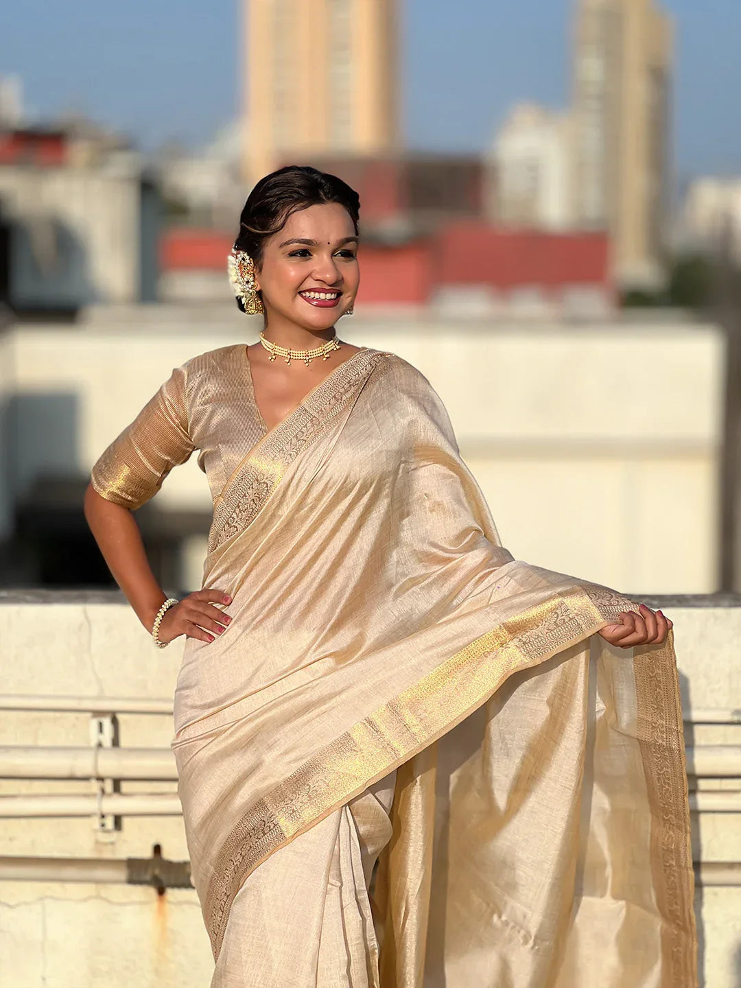 Chickoo Tussar Silk Saree With Blouse Piece - EZBER