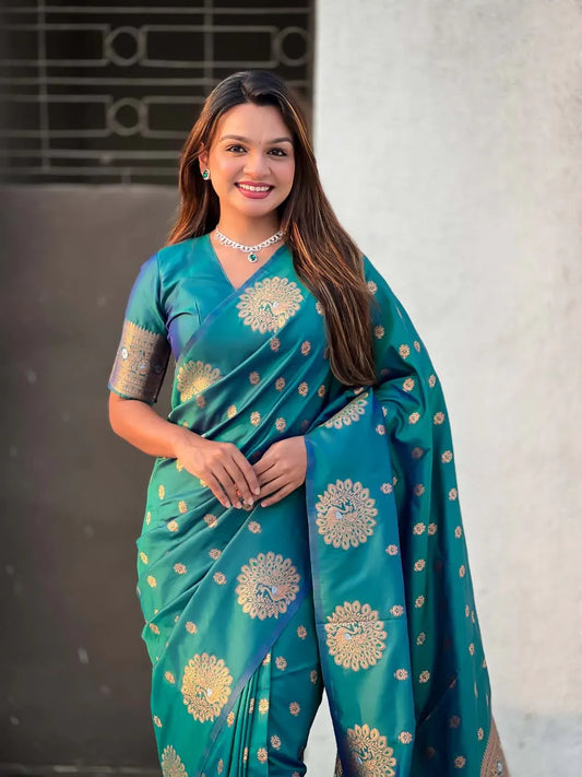 Green Soft silk Saree With Blouse Piece - EZBER