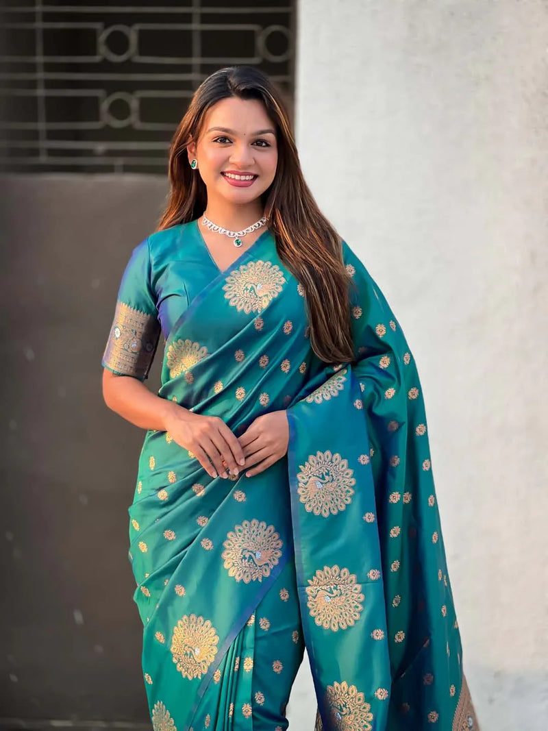 Green Soft silk Saree With Blouse Piece - EZBER