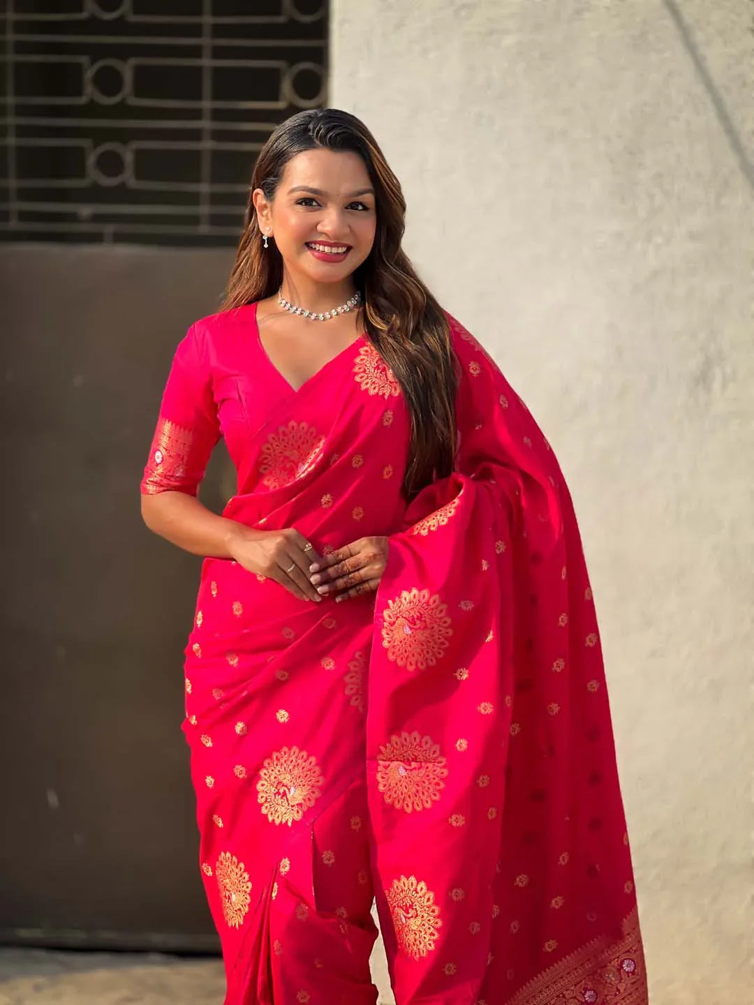Red Soft silk Saree With Blouse Piece - EZBER