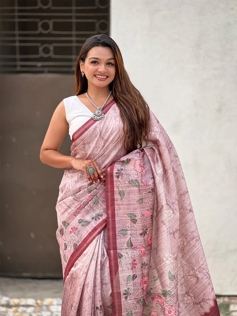 Pink Digital Printed Silk Saree With Blouse Piece - EZBER