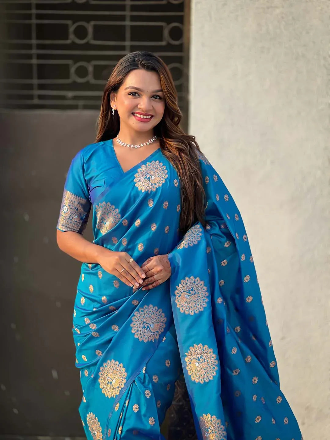 Sky Blue Soft silk Saree With Blouse Piece - EZBER