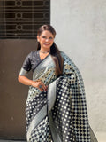 Black & White Silk Saree With Blouse Piece - EZBER