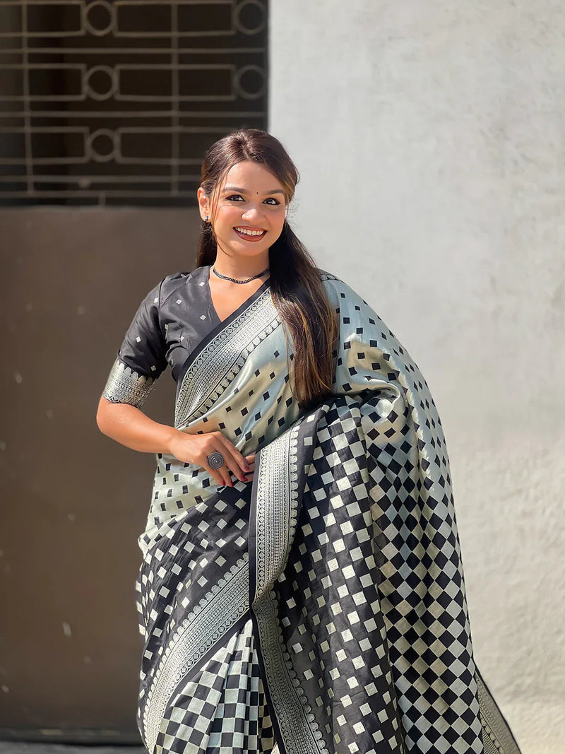 Black & White Silk Saree With Blouse Piece - EZBER