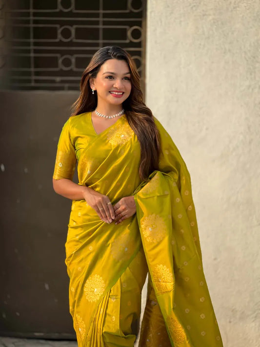 Yellow Soft silk Saree With Blouse Piece - EZBER