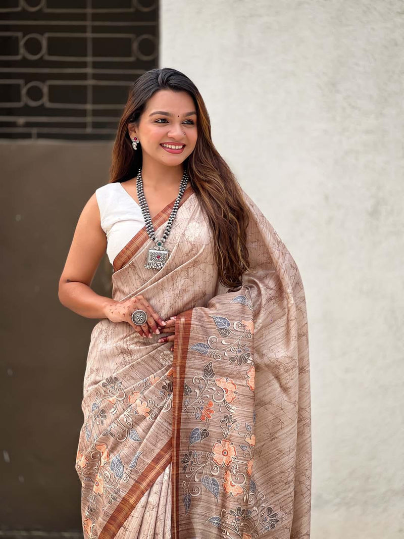 Brown Digital Printed Silk Saree With Blouse Piece - EZBER