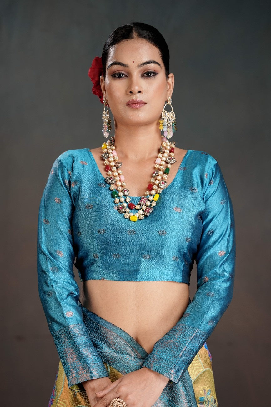 Kanjeevaram Silk Rich Pallue With Contrast Blouse Weaving Silk Saree