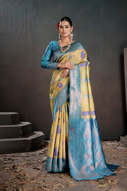 Kanjeevaram Silk Rich Pallue With Contrast Blouse Weaving Silk Saree