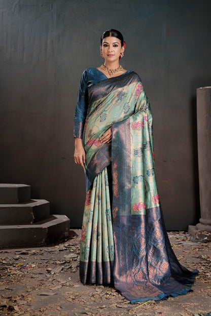 Kanjeevaram Silk Rich Pallue With Contrast Blouse Weaving Silk Saree