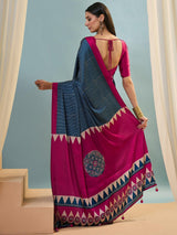 Semi Modal Blue Ajrakh Print Saree | EZB GF02 LUX 14003