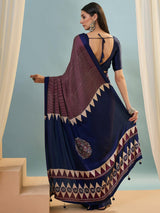 Semi Modal Wine Ajrakh Print Saree | EZB GF02 LUX 14004