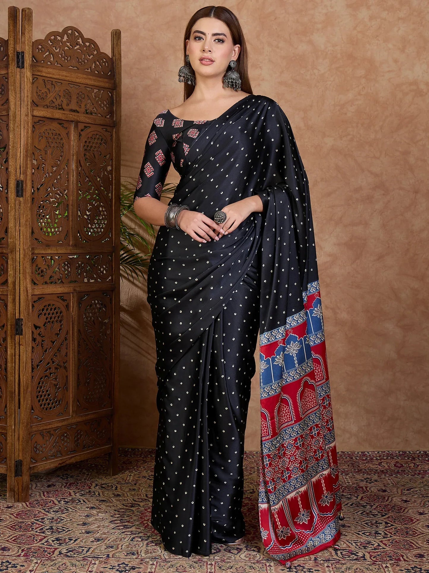 Black Semi Modal Saree With Blouse Piece - EZBER