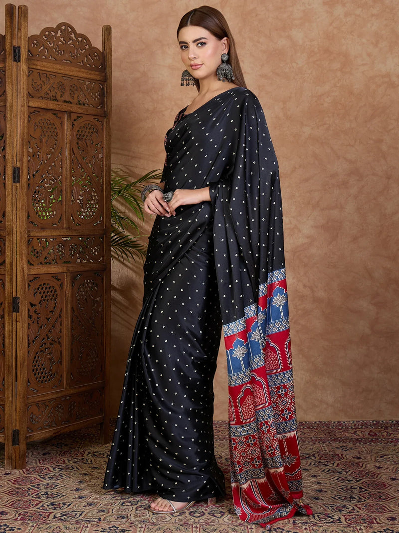 Black Semi Modal Saree With Blouse Piece - EZBER